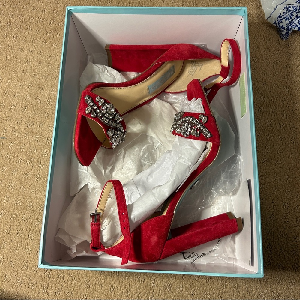 NIB Blue by Betsey Johnson Red Embellished Heels
